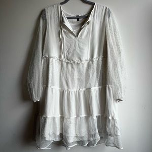 White king sleeve knee length dress with polka dot sheer sleeves